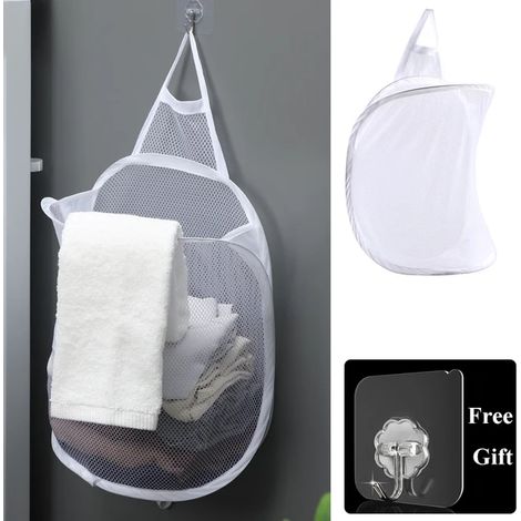 Cesta de ropa plegable, organizador de ropa sucia, red para ropa de baño, bolsa de almacenamiento, cesta para colgar en la pared, cubo, blanco (1/4)