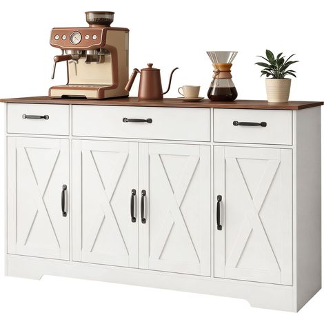 Buffet, meuble de rangement cuisine style ferme avec 4 portes de grange, 3 tiroirs, étagères ajustables, blanc