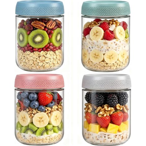Lot de 4 bocaux en verre de 473,6 g avec couvercles hermétiques, récipients à avoine avec couvercles, bocaux à salade à large ouverture pour avoine, collations, yaourt, épices, sucre (1/5)