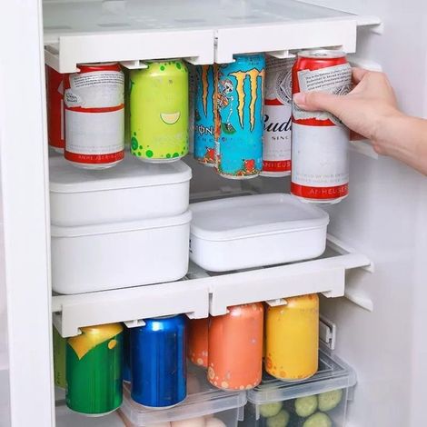 Porte-gobelets ajustable pour réfrigérateur - Support suspendu pour canettes de 355/473 ml, œufs et fruits, plastique sans BPA, gain de place - Blanc, diamètre 5,3 cm (1/5)