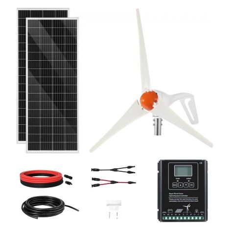 Kit d'Énergie Éolienne et Solaire 12 V 400 W,2 Panneaux Solaires Monocristallins 100 W,avec Éolienne 200 W,Contrôleur de Système Hybride MPPT pour Hors Réseau,Camping-car,Bateau,Maison (1/3)