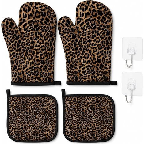 Gants de Cuisine Motif léopard Marron, Lot de 4 Gants et maniques pour Cuisine et Four