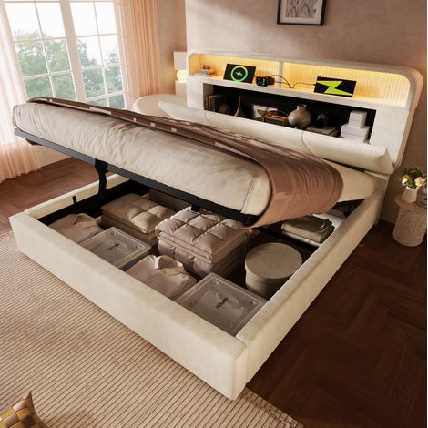 Polsterbett 140x200 cm, höhenverstellbares Stauraum Kopfteil, LED Beleuchtung, USB und Type C, Samt, Beige (1/5)