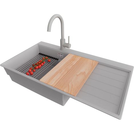 PRIMAGRAN Evier Cuisine en Granit 90x50cm,Lavabo 1 bac + Robinet 32x20cm + Kit de Vidage + Accessoires, Évier à Encastrer au meuble 60cm - Sydney, Gris (1/5)
