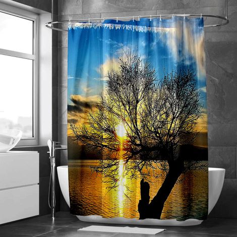 Rideau de douche motif montagne enneigée et forêt, polyester imperméable, 180x180 cm (1/5)