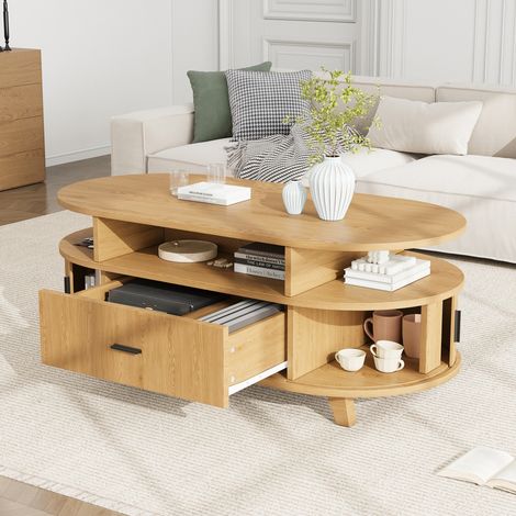 Table basse ovale 100/50/40 cm aspect bois, avec tiroir et portes coulissantes (1/5)