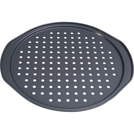 Plaque de cuisson perforée antiadhésive : moule à pizza rond en acier au carbone (épaisseur 0,4 cm) avec poignées. (1/5)