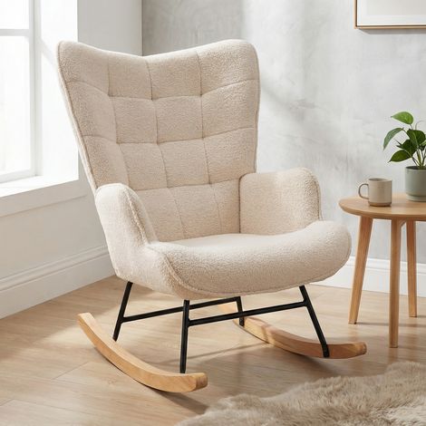 Rocking chair 68x75x92cm, Fauteuil à bascule en laine bouclée Teddy, Chaise de relaxation avec dossier quadrillé, Pieds en métal et bois, Style Moderne, Beige