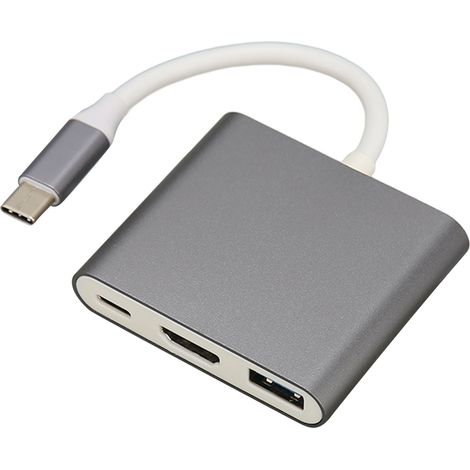 Adaptateur 3-en-1 USB-C vers USB 3.0/USB-C/HDMI, compatible Windows/Mac OS. (1/5)