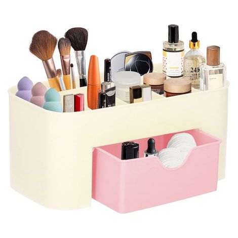 Organizador para cosméticos con cajón, estuche para joyas de color crema y rosa.