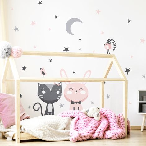 Stickers muraux Sticker Mural Autocollant - CHAT, LAPIN ET OISEAUX DANS LES ÉTOILES - Stickers adhésifs - 65x50cm (1/5)