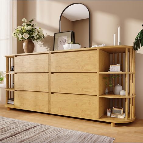 MEUBLIV Aparador 160x40x75 cm color roble – 6 cajones, estantes abiertos, patas regulables (1/5)