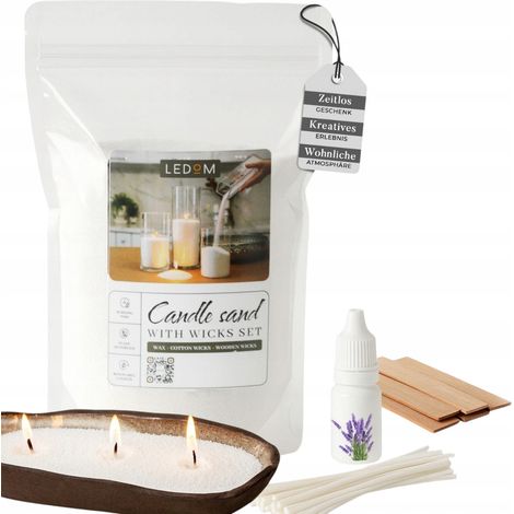 Candele sfuse da 1 kg + stoppini in cotone + stoppini in legno + olio profumato alla lavanda