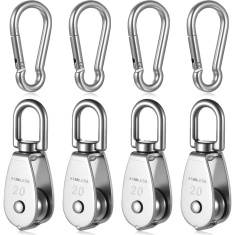 4 Pcs M20 Poulie de Levage Simples pour grue,Poulies simples M20 pour Cordes,Poulie simple pivotantes à 360° en acier inox,Rouleaux de câble pour levage + crochets à ressort M6, charge jusqu'à 75 kg (1/5)