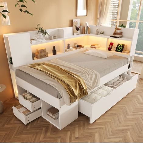 cama cama dormitorio con almacenaje y LED blanca OKMYHOME (1/5)