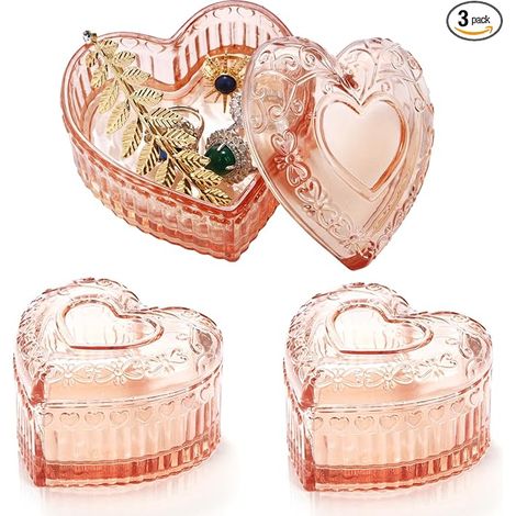 3 Pièces Boîtes à Bijoux Gaufrées Couleur Rose en Verre, Boîte à Bonbons Transparente avec Couvercle, 25.4 cm (1/4)