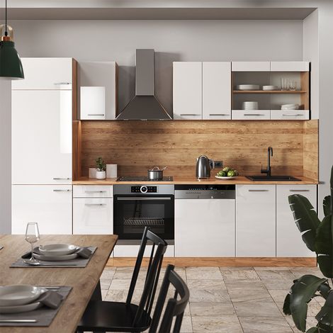 Mueble de cocina R-Line, Blanco brillo intenso/roble dorado, 300 cm sin encimera, Vicco (1/5)