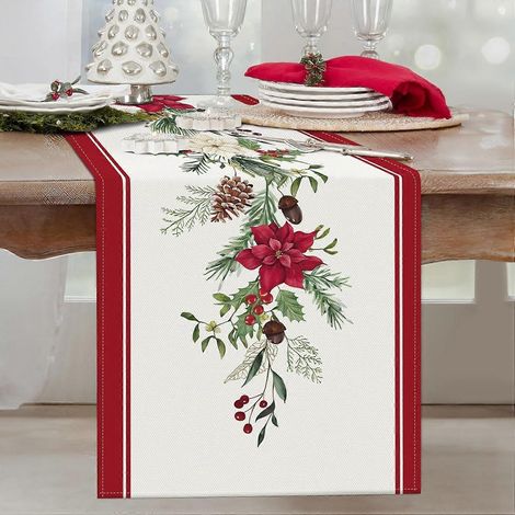 Chemin de table de Noël Poinsettia 13x72 pouces, motif floral rouge et branches de pin, décoration hivernale pour la cuisine et la salle à manger - Poinsettia (1/5)