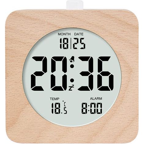 Sveglia digitale in legno da 4 pollici con funzione snooze e luce notturna, che visualizza ora, data e temperatura in formato 12/24 ore. (1/5)
