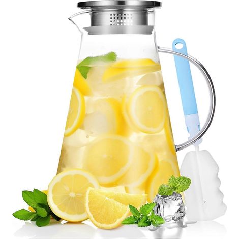 Carafe en verre de 1900 ml avec couvercle, pichet en verre, carafe à thé glacé, pour boissons chaudes ou froides (1/5)