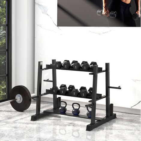 Supporto pesi 131x75x80 cm, 3 livelli, per manubri, kettlebell e dischi, acciaio nero (1/5)