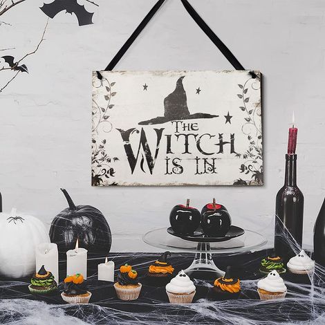 Plaque Sorcière Halloween Bois Vintage - Décoration Porte Maison Hantée pour Fête Halloween Porche (1/5)