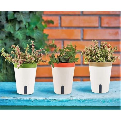 Automatic Watering Flower Pot, 12.5 cm Round Plastic Flower Pot Bonsai Garden Flower Pots – With Water Level Window and Hidden Drainage Hole Tray (1/5)