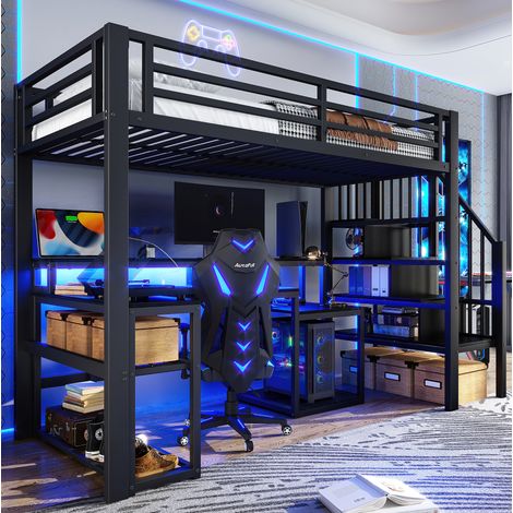 Lit mezzanine 90/200 cm noir en métal avec bureau, rangements, ruban lumineux et prises USB (1/5)