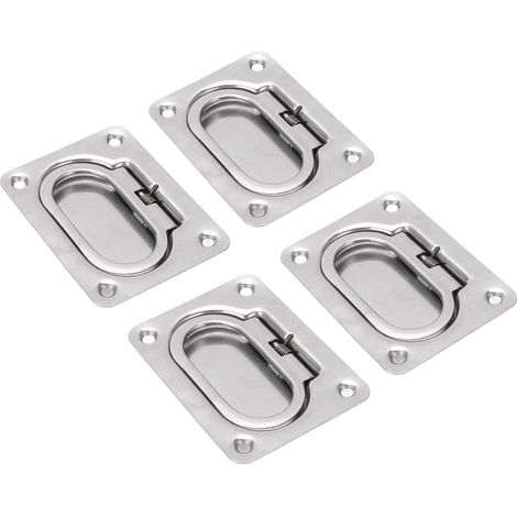 Quatre poignées de couvercle de pont encastrées à anneau de traction, carrées en acier inoxydable 316, adaptées aux applications marines. (1/5)