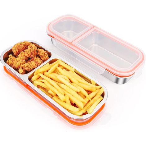 Boîte à goûter en acier inoxydable 2 pièces avec 2 compartiments et couvercle étanche, boîte à goûter en métal, récipient alimentaire à double compartiment, compatible micro-ondes et lave-vaisselle, f (1/5)