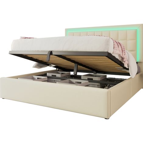 Lit coffre 180x200 cm avec LED, rangements hydrauliques, cadre en métal et revêtement en cuir régénéré blanc, sommier inclus, sans matelas, pour chambre moderne – CHICFURN (1/5)