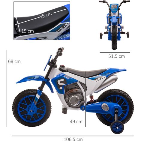Moto électrique pour enfants de 3 à 5 ans, avec batterie rechargeable 12V et stabilisateurs amovibles, 106,5 x 51,5 x 68 cm, bleue. (1/5)