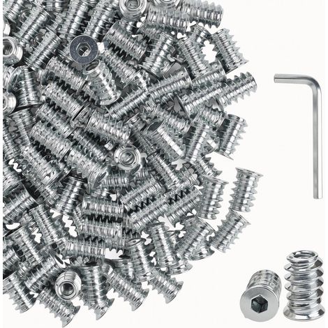 100 Pièces Insert Fileté Bois, Acier au Carbone Écrou Hexagonal Fileté M4 × 15 mm, Hexagonale Écrous Inserts avec Clé, Argenté M4 Manchons à Visser, pour Maison, Atelier, Menuiserie (1/5)