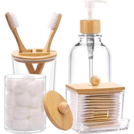 Lot de 4 accessoires de salle de bain en bambou – Porte-brosse à dents transparent, distributeur de savon en plastique et 2 porte-cotons-tiges/tampons en plastique (1/5)