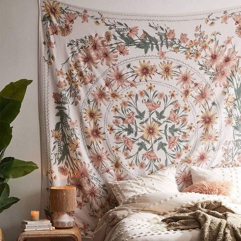 Tapisserie murale beige bohémienne Mandala Médaillon à fleurs Tapisserie hippie avec couronne blanche esthétique Décoration murale psychédélique hip (1/5)