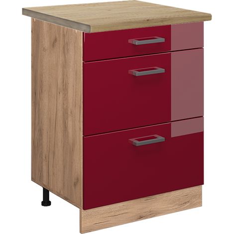 Meuble cuisine R-Line, Rouge brillant, 60cm avec tiroirs, PT Chêne, Vicco (1/5)