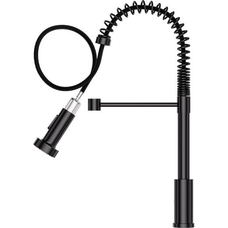 Matte black spring-loaded kitchen faucet, 360° swivel kitchen sink faucet with pull-out sprayer, hot and cold mixer tap with 2 functions, single-lever, 1-hole faucet (1/5)