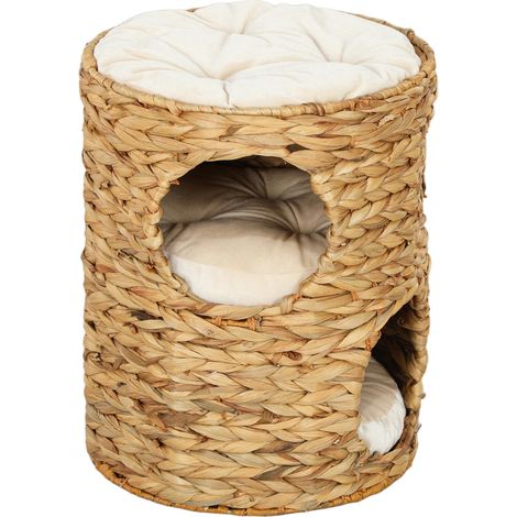 Barril rascador de 50 cm de altura barril para gatos con 2 cuevas poste rascador con cojin torre para gatos de jacinto de agua para gatos de hasta 35 kg marron claro 211500199 211500199 (1/5)