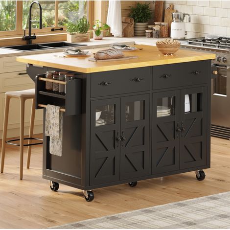 Isla de cocina móvil con ruedas, 140 x 73 x 93,5 cm, negro OKMYHOME (1/5)