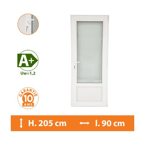 Direct Fenêtres – Porte-fenêtre PVC 1 vantail blanc – Double vitrage 4/16/4 – Isolation thermique A+ (Uw = 1,2) – Ouverture à la française – H.205 x l.90 cm