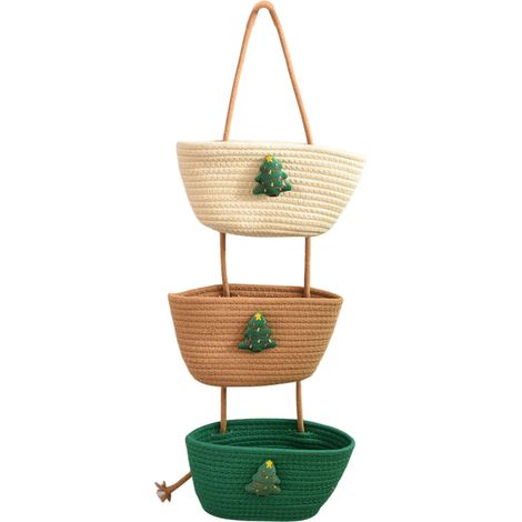 Panier suspendu 3 niveaux - Modèle détachable - Cordon coton beige/kaki/vert avec déco sapin - 73cm (1/5)