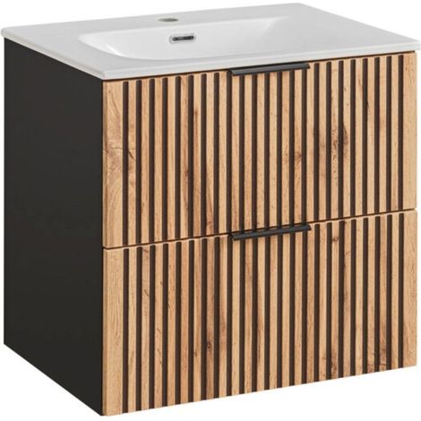 Set da bagno KINOKO: mobiletto sotto lavabo con cassetti 60cm + lavabo da incasso bianco + sifone