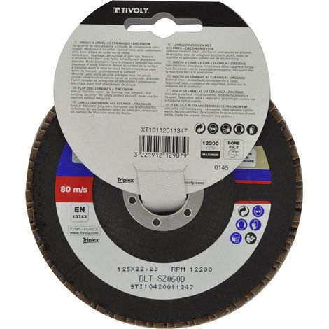 Tivoly • Disco lamellare in ceramica e zirconio • Ø115 mm • Grana di corindone: 50 • Finitura eccellente • Per sverniciatura intensiva su metalli