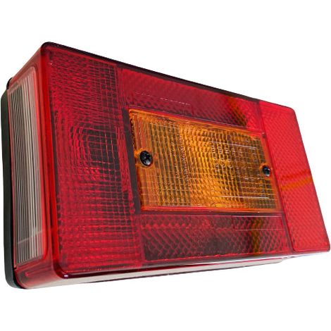 Feu arrière 5 fonctions 12V – Clignotant, stop, veilleuse, brouillard, éclairage plaque – Dimensions 190 x 103 x 55 mm – Raccordement cosses plates – Aj.Ba