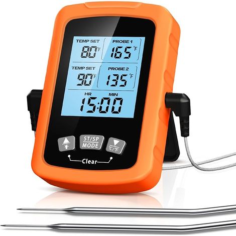 Thermomètre Cuisine avec Sondes Doubles 16.3cm, Minuteur et Température Préréglée Thermometre Cuisson Numérique Lecture Instantané avec Écran LCD & Auto-Arrêt pour Barbecue/Fumoir/Grill/Four (1/5)
