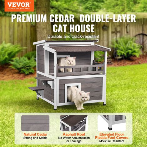 Maison pour Chat d'Extérieur, 750x751x820 mm, Niche pour Chats en Bois, Résistante aux Intempéries, 2 Étages, avec Balcon, Portes, Volets en PVC, Toit Ouvert, Cabane Abri pour Chats Sauvages (1/5)