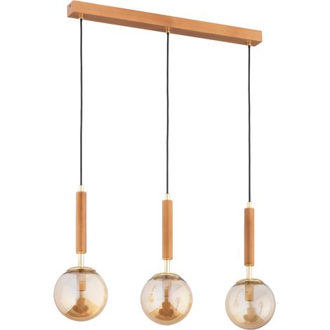 Suspension TORI barre bois, 3 globes ambre, table 3xE14 (1/3)