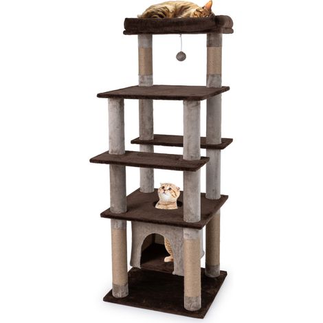 Grand arbre à chat multi-niveaux 58 pouces avec condo aérien oscillant et lit perchoir en peluche - marron (1/5)