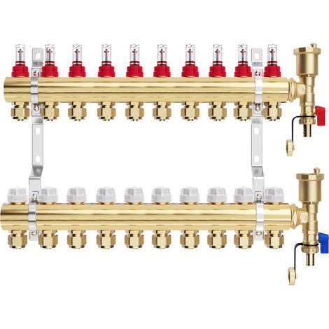 Collecteur Plancher Chauffage en Laiton pour 10 Circuits avec Raccord 16 × 2 mm, Collecteur pour Chauffage avec Débitmètres, Kit de Purge Rapide (1/5)