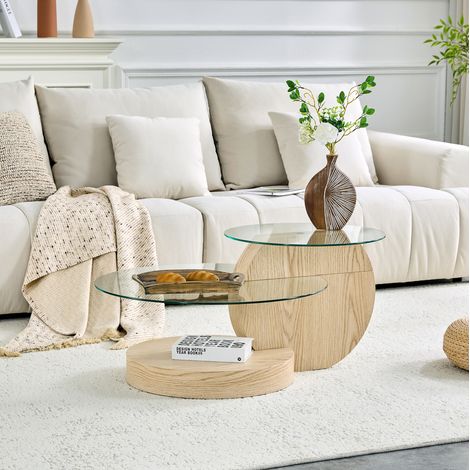 Table basse 70x70 cm transparente en verre et MDF effet bois avec double plateau (1/5)